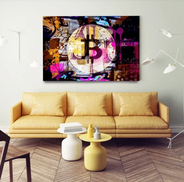 Yellow Purple Bitcoin Graffiti Abstract Canvas, Crypto currency Bitcoin Graffiti, Art Painting Print on Canvas, Bitcoin Artwork Canvas Print